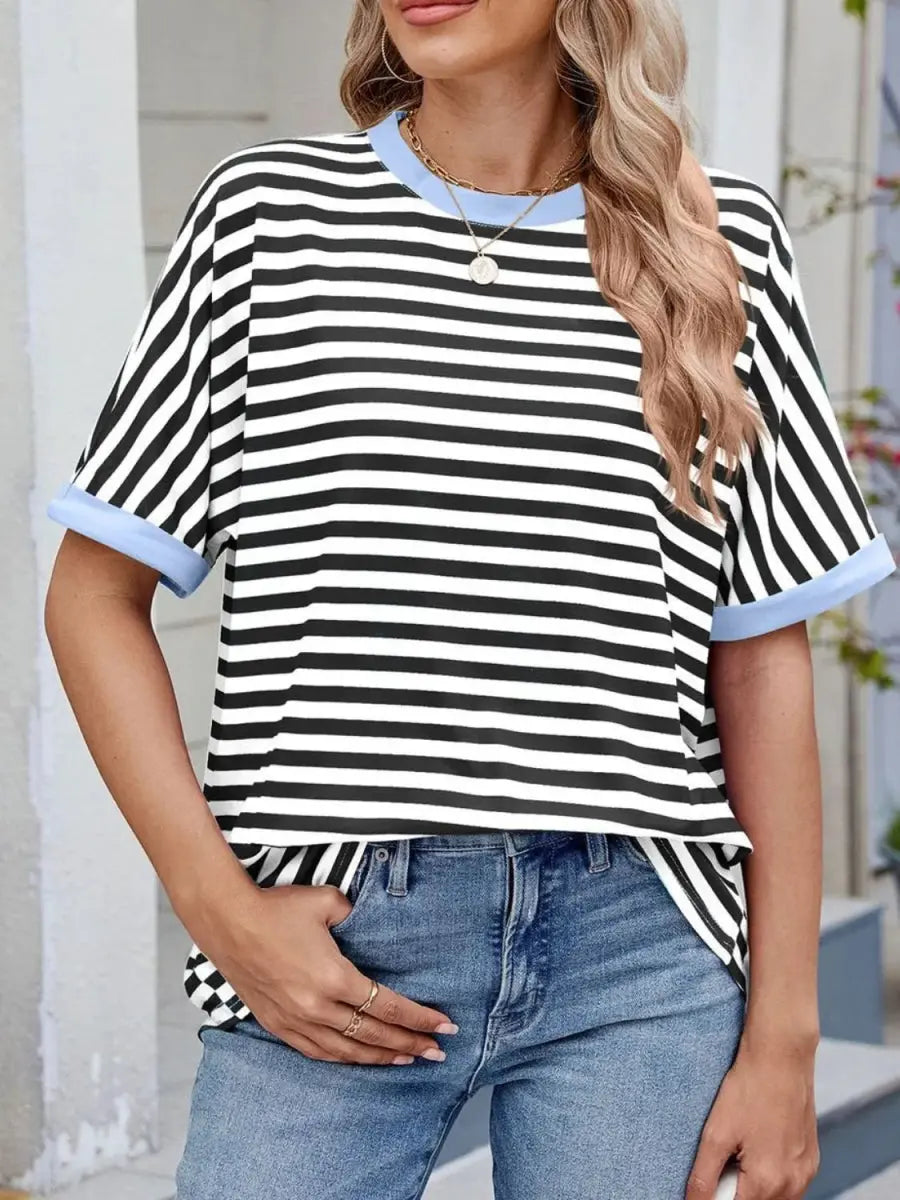 Stylish Striped Round Neck Half Sleeve T-Shirt for Women - Love Salve